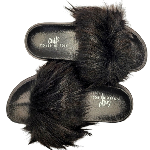 Cover Me Posh Shoes - Faux Fur Black Slide Slippers Non Slip Size 36-37